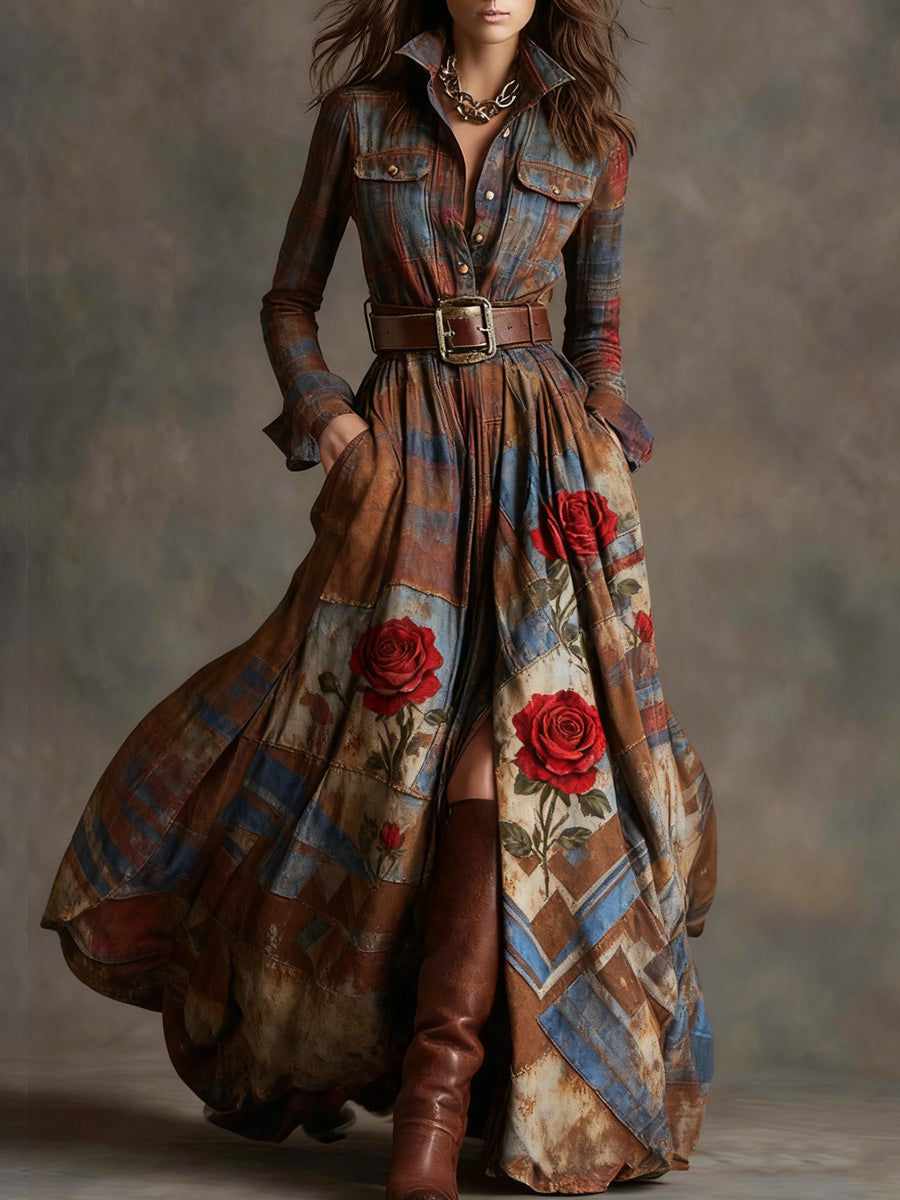 Retro Floral Art Texture Printed V-Neck Vintage Pocket-Style Long Sleeve Maxi Dress